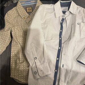 Boys button down Dress shirts. Tan Polka Dot Shirt & White shirt w/ Blue design